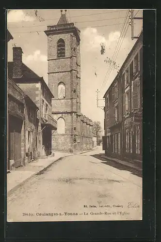 AK Coulanges-sur-Yonne, La Grande-Rue et l`Eglise, Kirche