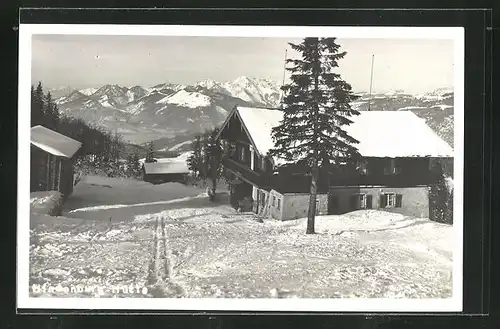 AK Hindenburg-Hütte mit Blick auf verschneite Landschaft