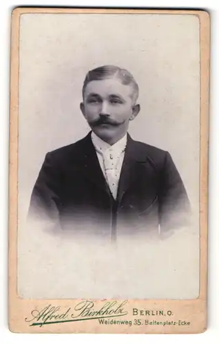Fotografie Alfred Birkholz, Berlin-O, Portrait charmanter Herr im Anzug mit Krawatte und Schnauzbart