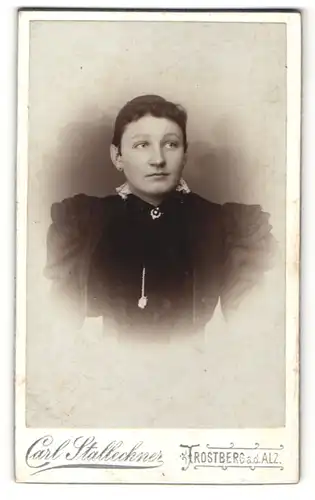 Fotografie Carl Stallechner, Trostberg a. d. Alz., Portrait bürgerliche Dame im eleganten Kleid mit Kragenbrosche