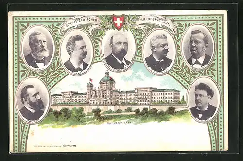 AK Schweiz, Schweizerischer Bundesrat 1901, Zemp, Müller und Comtesse, Bundespalast