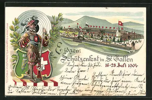Lithographie St. Gallen, Eidgen. Schützenfest 1904, Festgelände, Schütze mit Gewehr