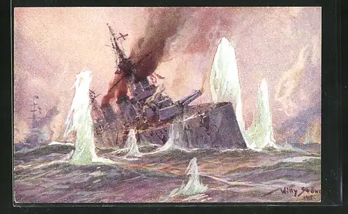 Künstler-AK Willy Stoewer: Englischer Schlachtkreuzer im Salvenfeuer deutscher Kreuzer, Seegefecht im Januar 1915