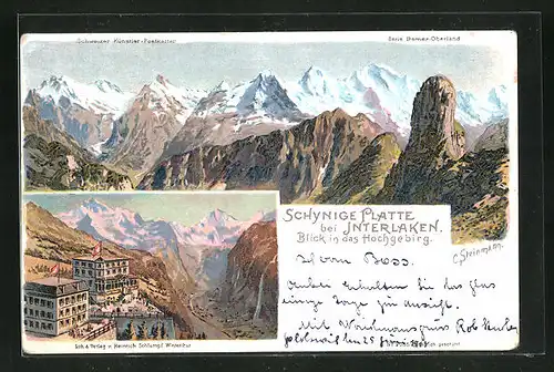 Künstler-AK C. Steinmann, Nr. 2085: Schynige Platte bei Interlaken, Gasthaus und Blick auf das Hochgebirge