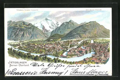 Künstler-AK C. Steinmann, Nr. 2065: Interlaken, Stadt-Panorama gegen die Alpen