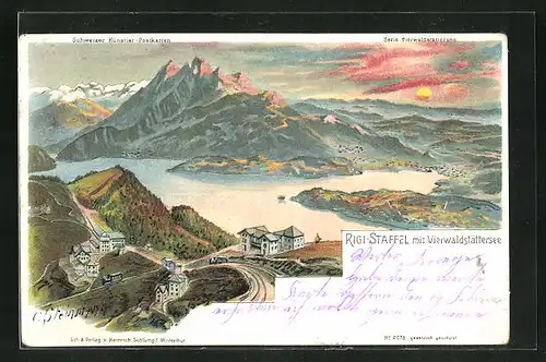 Künstler-AK C. Steinmann, Nr. 2078: Rigi-Staffel mit Vierwaldstättersee bei Sonnenuntergang
