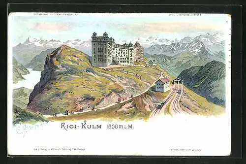 Künstler-AK C. Steinmann, Nr. 2070: Rigi-Kulm, Hotel mit Alpen und Vierwaldstättersee