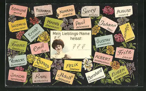 Präge-AK Namenstag, verschiedene Vornamen mit dazugehörigenen Eigenschaften, Damenportrait