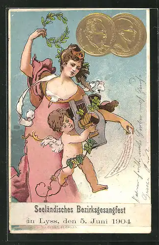 AK Lyss, Seeländisches Berzirksgesangfest 5.6.1904, Frau tanzt zum Musikspiel eines Engels