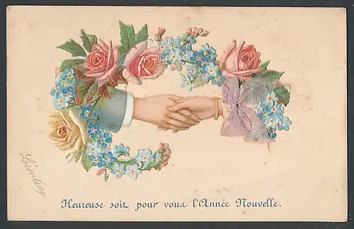 Oblaten-AK Mann und Frau halten sich an den Händen, umkränzt von Blumen