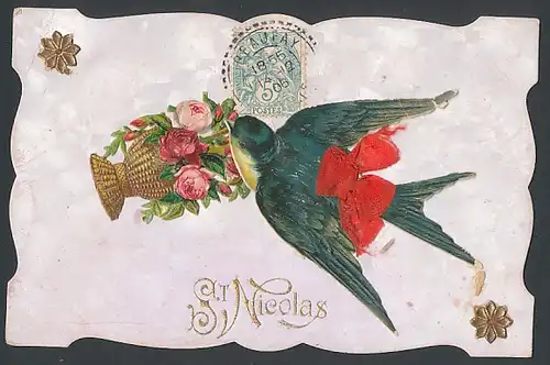 Oblaten-AK St. Nicolas, Schwalbe mit Korb voller Rosen im Schnabel