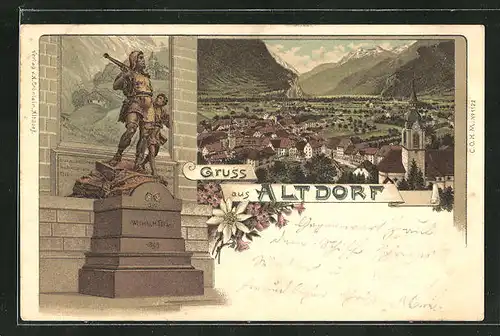Lithographie Altdorf, Wilhelm Tell Denkmal, Totale mit Kirche