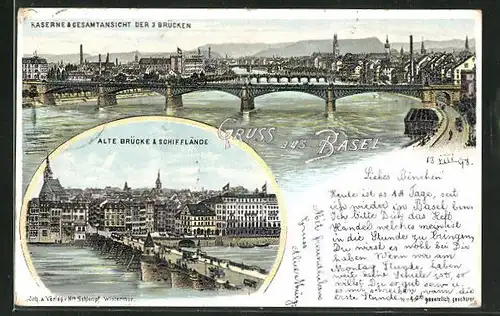 Lithographie Basel, Kasernen und Ansicht der 3 Brücken, alte Brücke und Schifflände