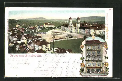 Lithographie Einsiedeln, Hotel Rot-Hut, Gesamtansicht
