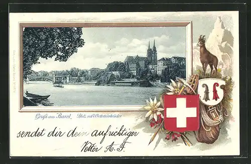 AK Basel, Pfalz mit Wettsteinbrücke im Passepartout-Rahmen, Wappen