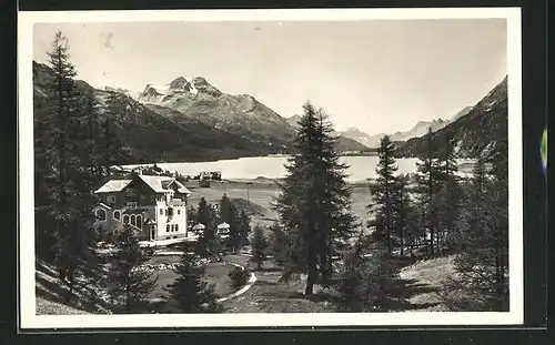 AK Silvaplana, Hotel-Pension Waldheim mit Blick auf See und Gebirge