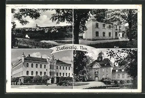 AK Zielenzig / Sulecin, Ortsansicht, Blick auf Post, Landratsamt und Rathaus