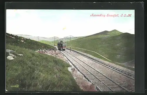 Künstler-AK Isle of Man, Ascending Snaefell, Bergbahn