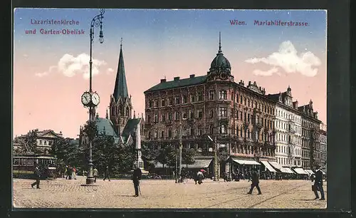 AK Wien, Lazaristenkirche und Garten-Obelisk in der Mariahilferstrasse, Strassenbahn