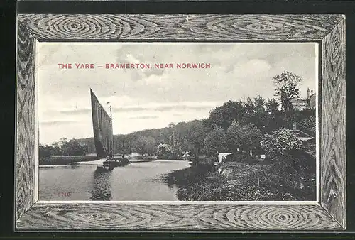 Passepartout-AK Bramerton, The Yare, Blick vom Ufer auf Fluss und Segelboot
