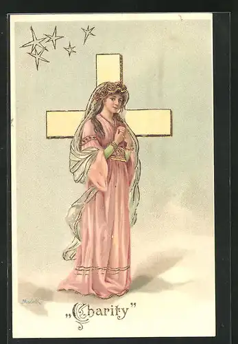 Künstler-AK Alfred Mailick: Allegorie, Frau in Gewand mit Schleier vor einem Kreuz, Sterne, Charity