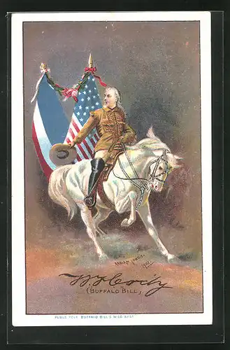 AK Cowboy Buffalo Bill reitet mit seinem Pferd an der amerikanischen und der französischen Flagge vorbei