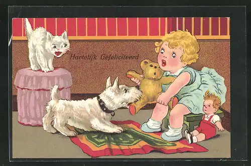 AK Mädchen und Hund streiten um einen Teddy
