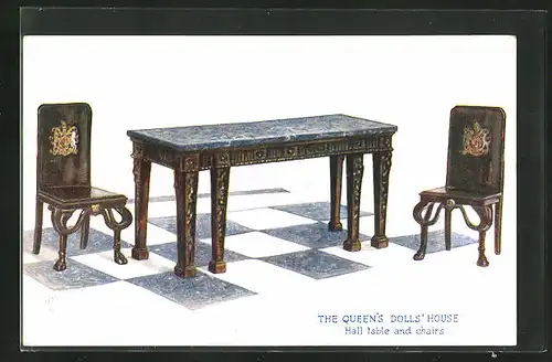 AK The Queen`s Dolls` House, Hall table and chairs, Puppenhaus, Möbel