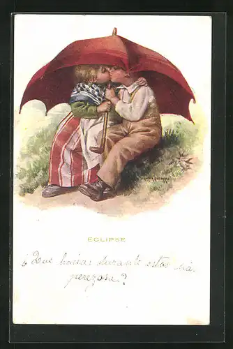 AK Kinderpaar küsst sich unter einem Schirm