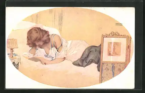 Künstler-AK Raphael Kirchner: Junge Dame liest im Bett einen Brief