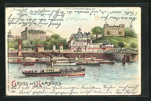 Lithographie Hamburg-St. Pauli, Fährhaus, Seewarte und Dampfer A. Bangerl, Halt gegen das Licht