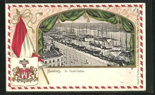 Präge-Passepartout-Lithographie Hamburg-St. Pauli, Hafen, Wappen und Flagge