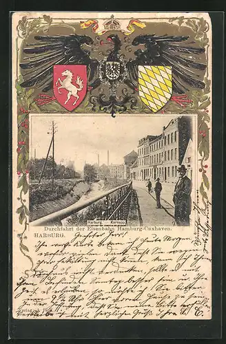 Präge-Passepartout-Lithographie Hamburg-Harburg, Durchfahrt der Eisenbahn Hamburg-Cuxhaven, Adler und Wappen