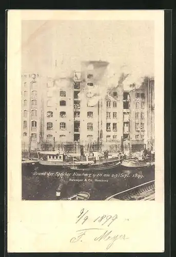 AK Hamburg, Brand der Speicher Neueburg 1899, Neue Burg-Strasse 9-10