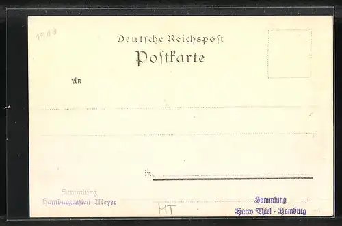 Lithographie Hamburg, Zollcanal-Kornhausbrücke, Kirchturm und Häuserfassaden, Viel Glück 1900