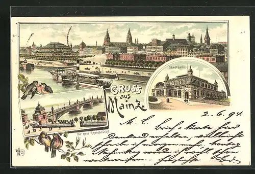 Vorläufer-Lithographie Mainz, 1894, Die neue Rheinbrücke, Stadthalle, Teilansicht mit Dampfer
