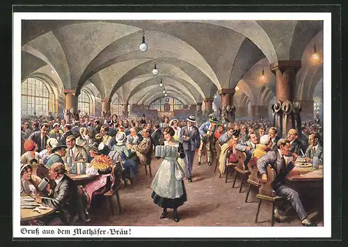 Künstler-AK München, Mathäser-Bräu, Blick in die Bierhalle, Bayerstrasse