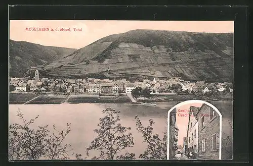 AK Moselkern a. d. Mosel, Kaufhaus Geschwister Balmes, Panoramablick auf den Ort