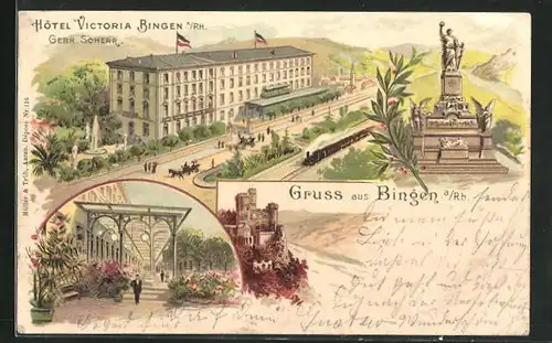 Lithographie Bingen a. Rh., Hotel Victoria, Nationaldenkmal auf dem Niederwald