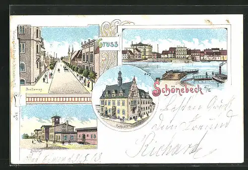 Lithographie Schönebeck, Bahnhof, Breiteweg, Hafen