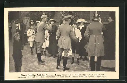 AK Oberst Friedrich Wilhelm Prinz zur Lippe, Kommandeur des IR 74, Ausmarsch 1914