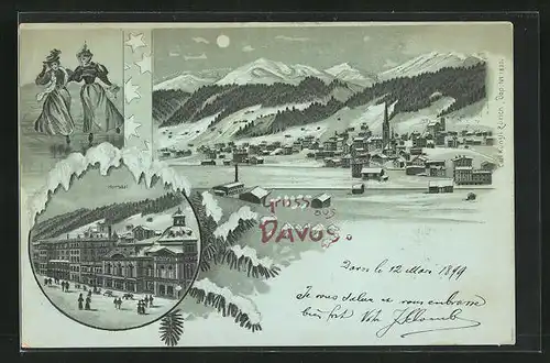 Winter-Mondschein-Lithographie Davos, Kursal, Eisläuferinnen