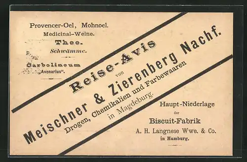 Vorläufer-AK Magdeburg, 1895, Reise-Avis von Meischner & Zierenberg Nachf., Drogen, Chemikalien und Farbewaaren