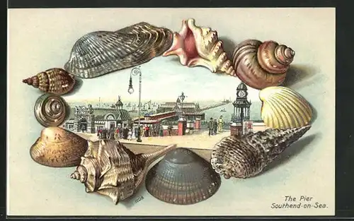 Präge-AK Southend-on-Sea, The Pier, Gerahmt von Muscheln