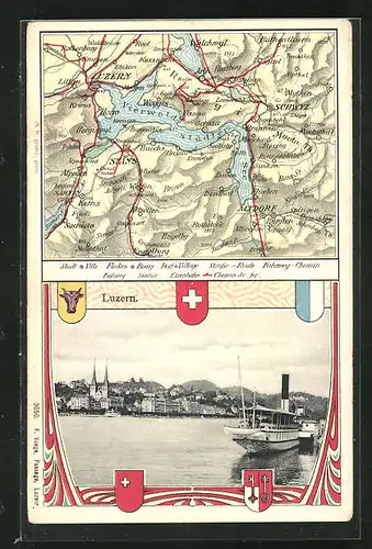 AK Luzern, Teilansicht vom See her, Landkarte der Region um den Vierwaldstättersee