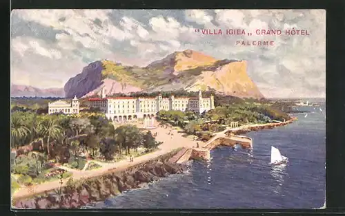 AK Palerme, Villa Igiea, Grand Hotel, Uferpromenade mit Garten, Blick auf Berg