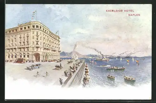 AK Naples, Excelsior Hotel, Uferstrasse mit Autos und Blick aufs Meer