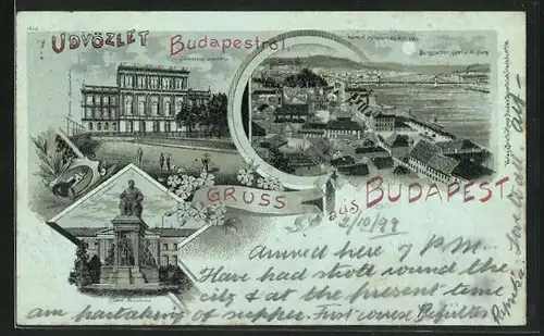 Mondschein-Lithographie Budapest, Burggarten, Quai und K. Burg, Deak Monument