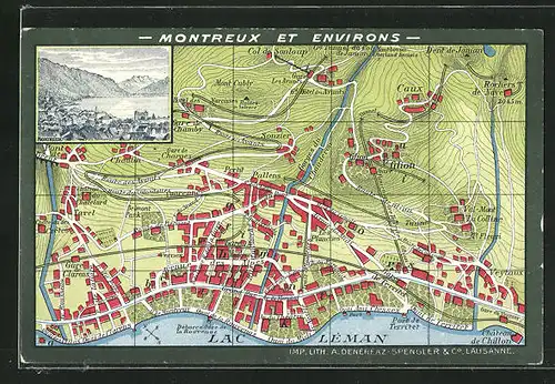 Künstler-AK Montreux, Teilansicht, Stadtkarte mit Ile de Salagnon, Christ Church und Eglise evang. allem.