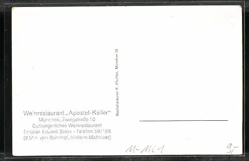 AK München, Weinrestaurant Apostel-Keller, Zweigstrasse 10, Innenansicht